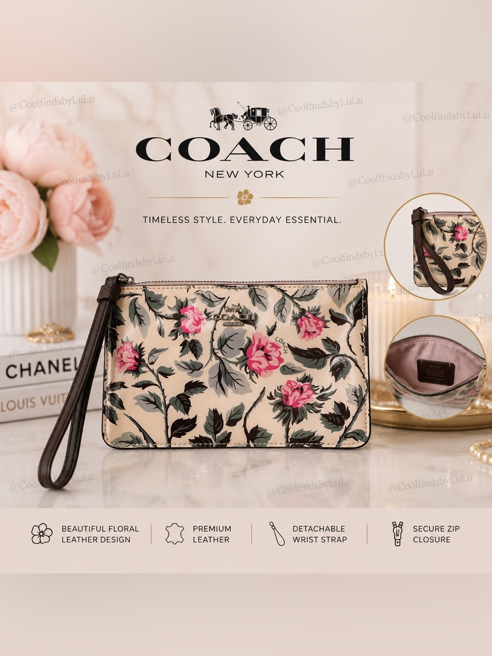 Coach Pink Floral Patent Leather Wristlet with Brown Strap
